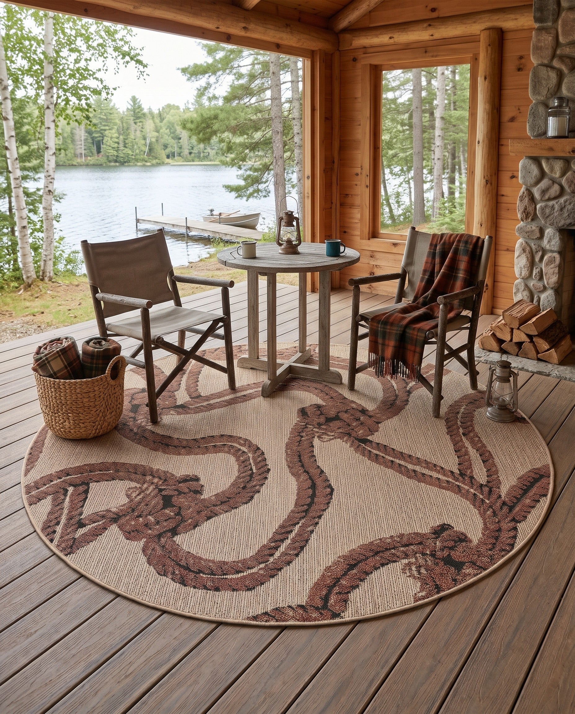 Beige Easy-Clean Coastal Indoor / Outdoor Round Rug