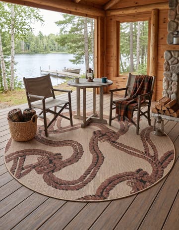 Beige Easy-Clean Coastal Indoor / Outdoor Round Rug