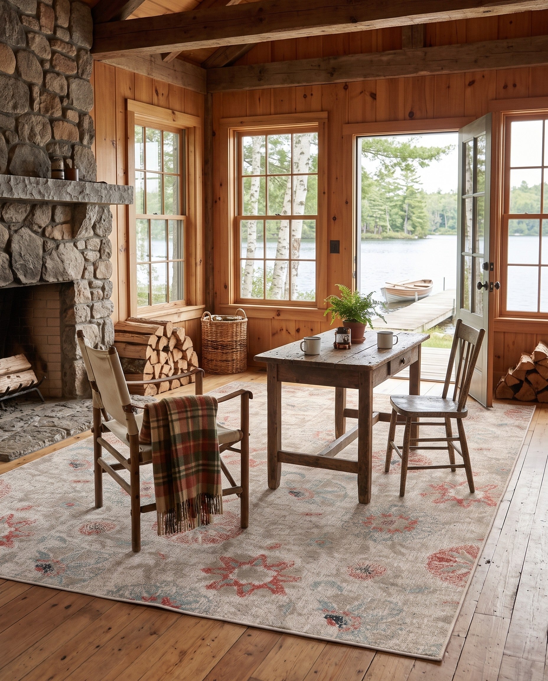 Beige Easy-Clean Botanical Indoor / Outdoor Rug
