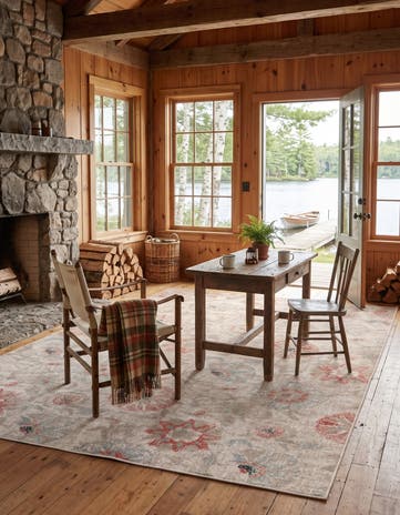 Beige Easy-Clean Botanical Indoor / Outdoor Rug