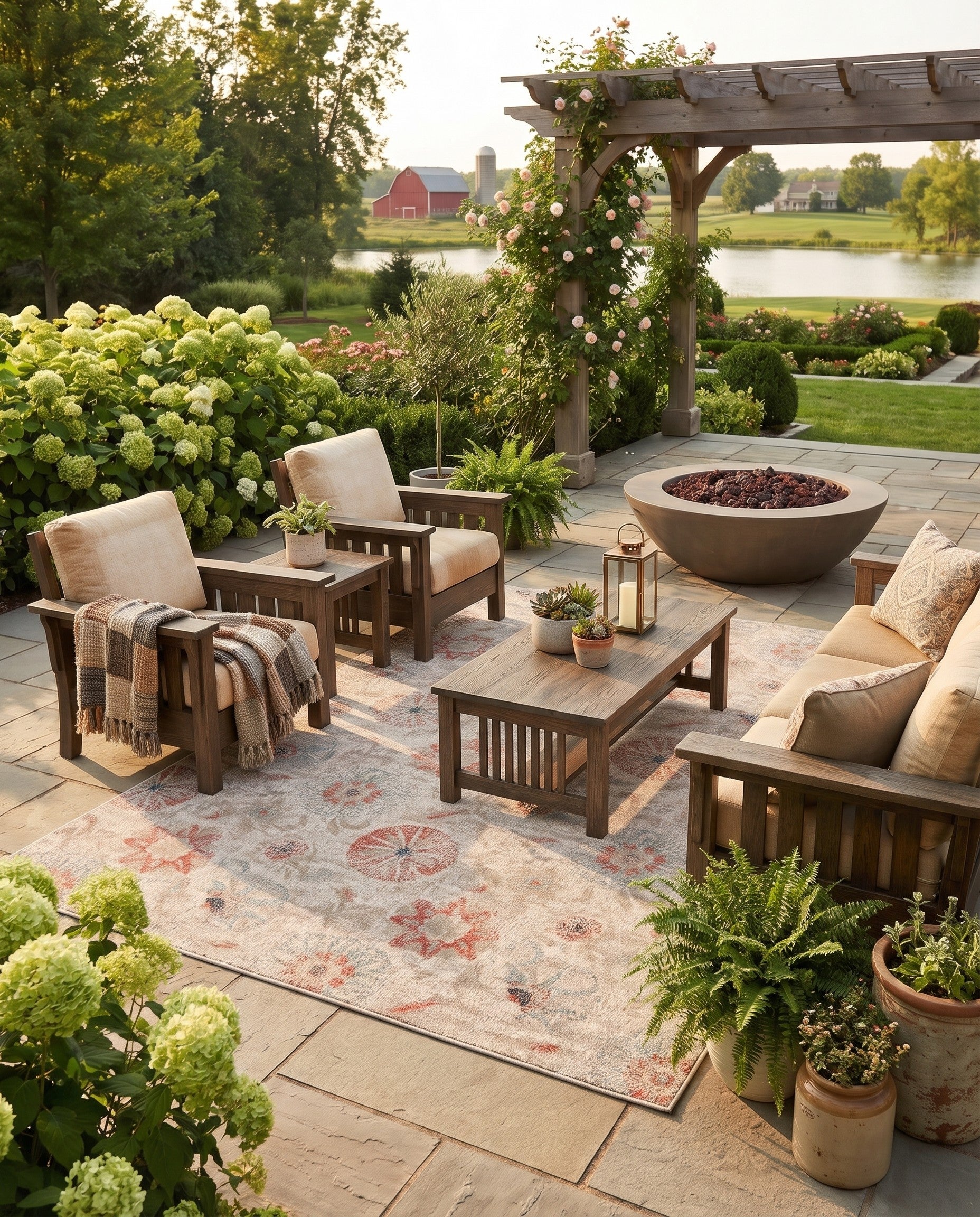 Beige Easy-Clean Botanical Indoor / Outdoor Rug
