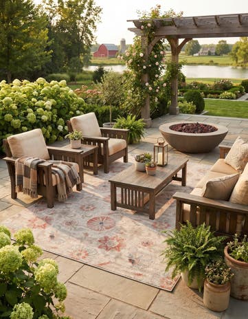 Beige Easy-Clean Botanical Indoor / Outdoor Rug