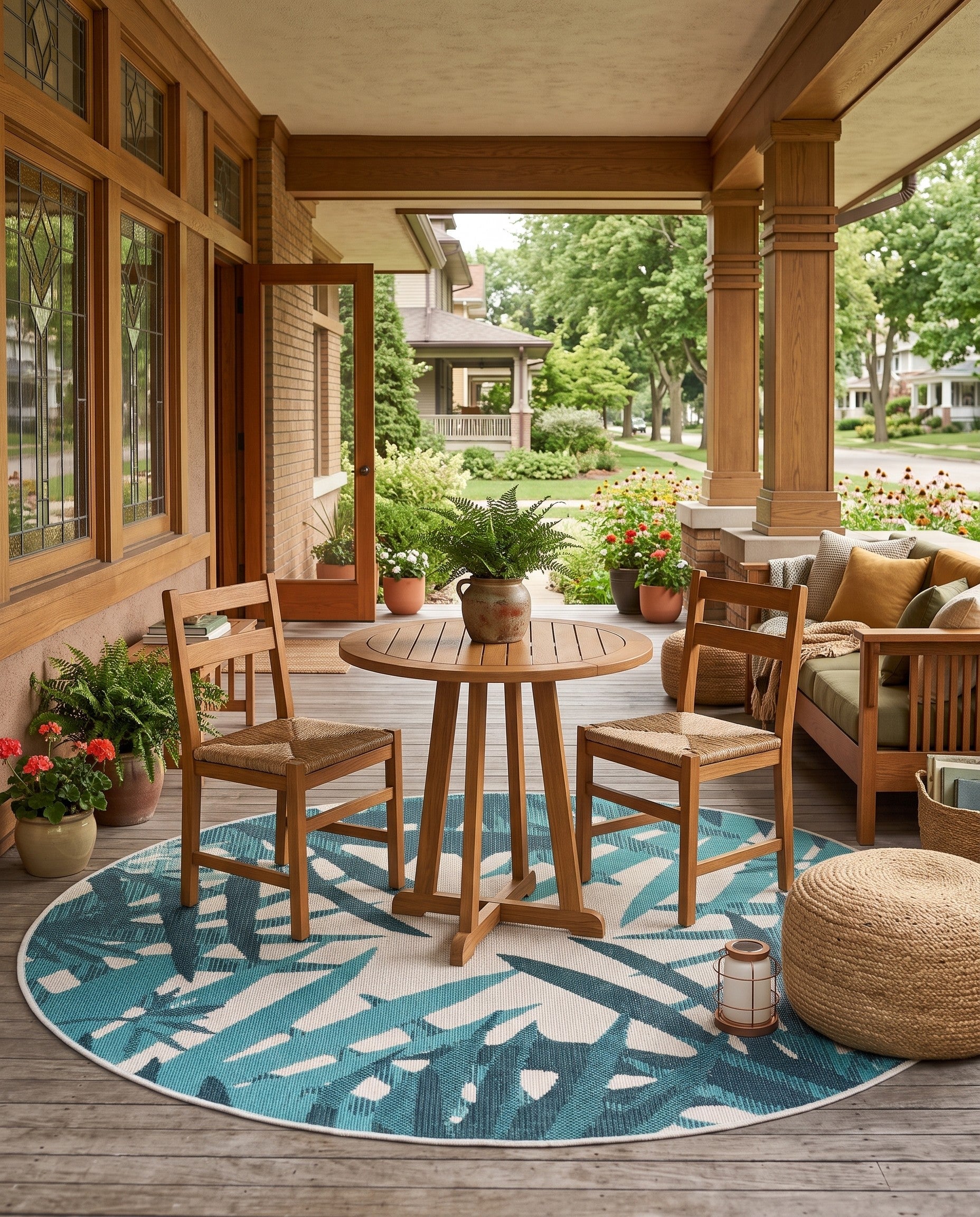 Teal Blue Easy-Clean Botanical Indoor / Outdoor Round Rug