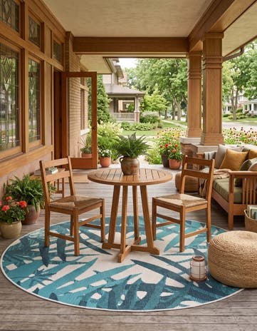 Teal Blue Easy-Clean Botanical Indoor / Outdoor Round Rug