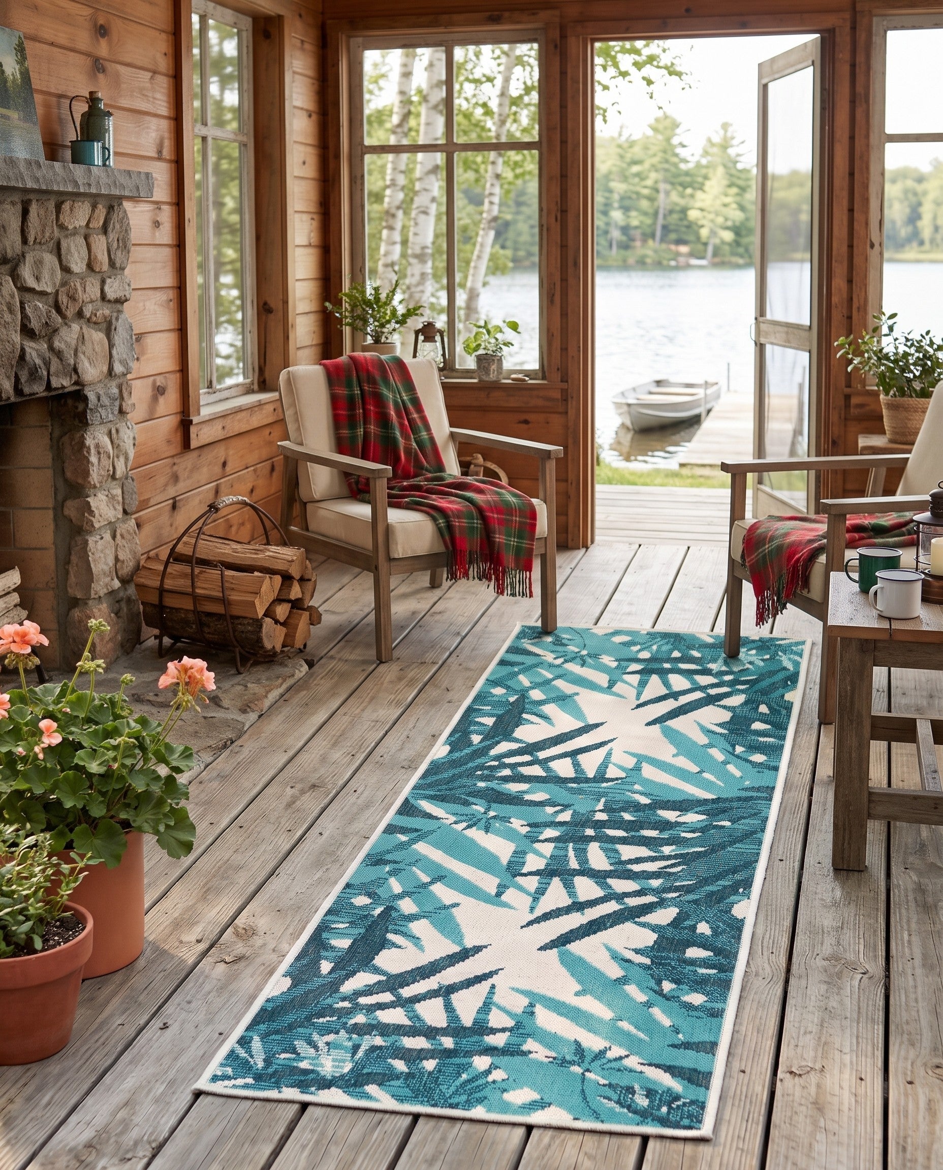 Teal Blue Easy-Clean Botanical Indoor / Outdoor Runner Rug