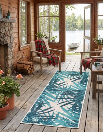 Teal Blue Easy-Clean Botanical Indoor / Outdoor Runner Rug