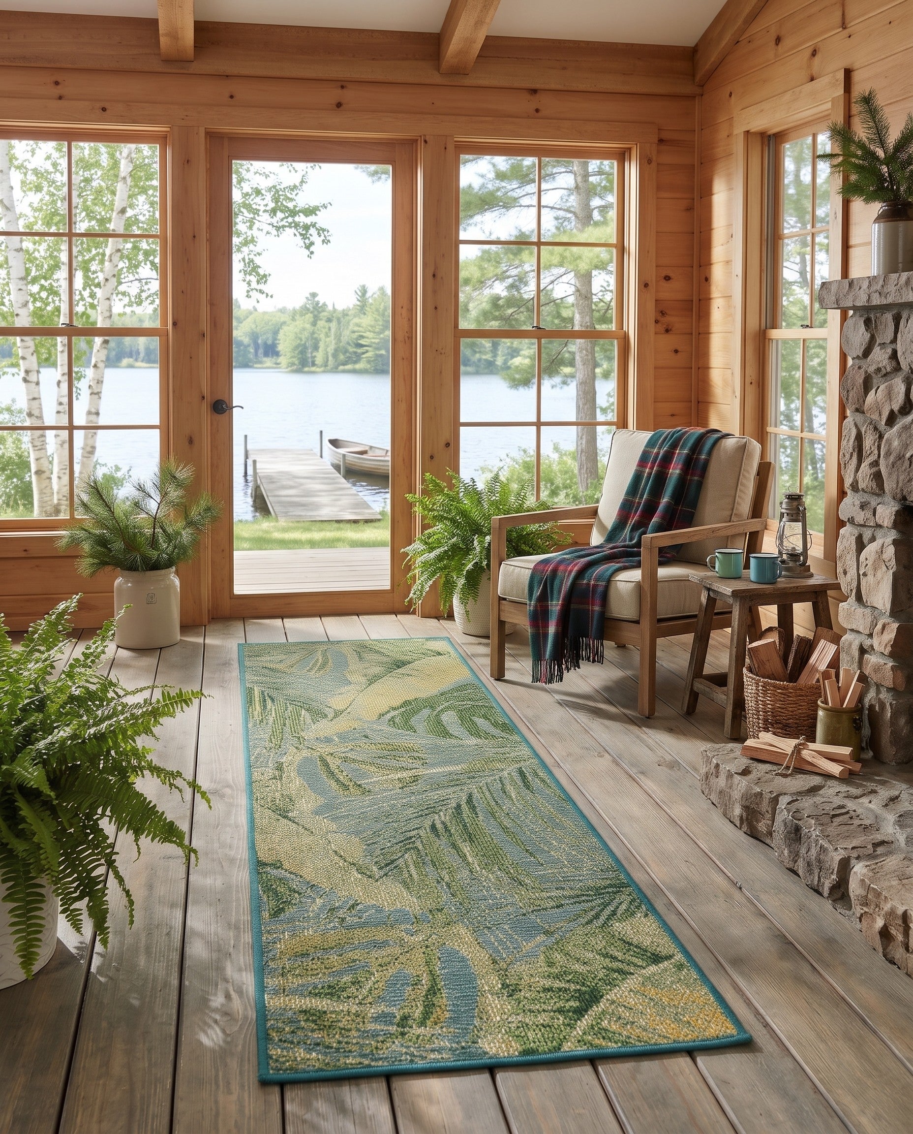 Blue and Green Easy-Clean Botanical Indoor / Outdoor Runner Rug