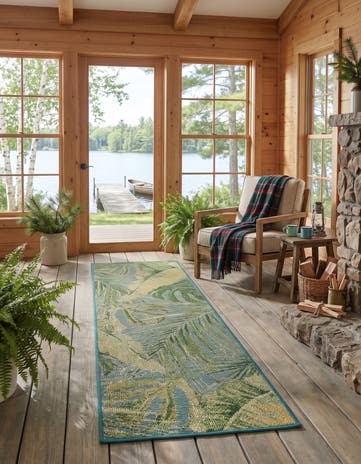 Blue and Green Easy-Clean Botanical Indoor / Outdoor Runner Rug