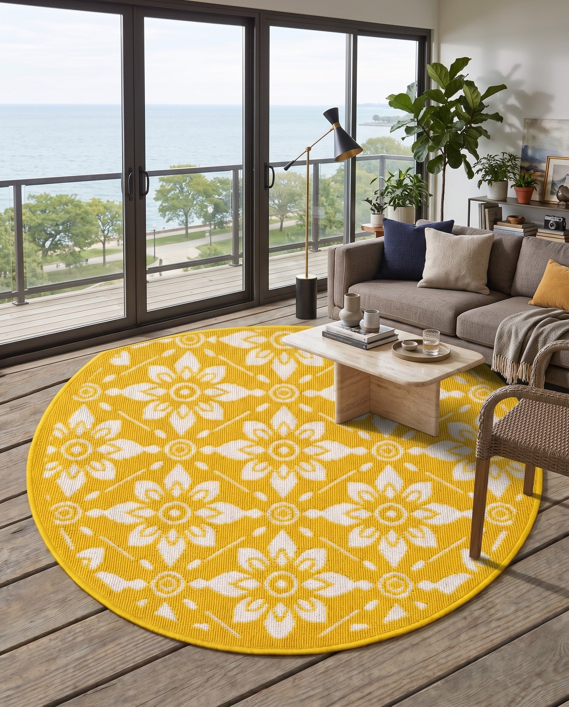 Yellow Easy-Clean Lattice Indoor / Outdoor Round Rug