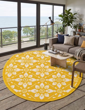 Yellow Easy-Clean Lattice Indoor / Outdoor Round Rug