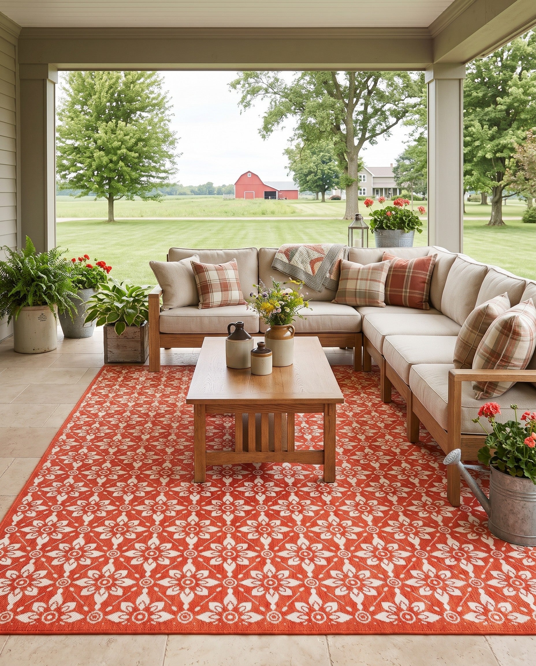 Rust Red Easy-Clean Lattice Indoor / Outdoor Rug
