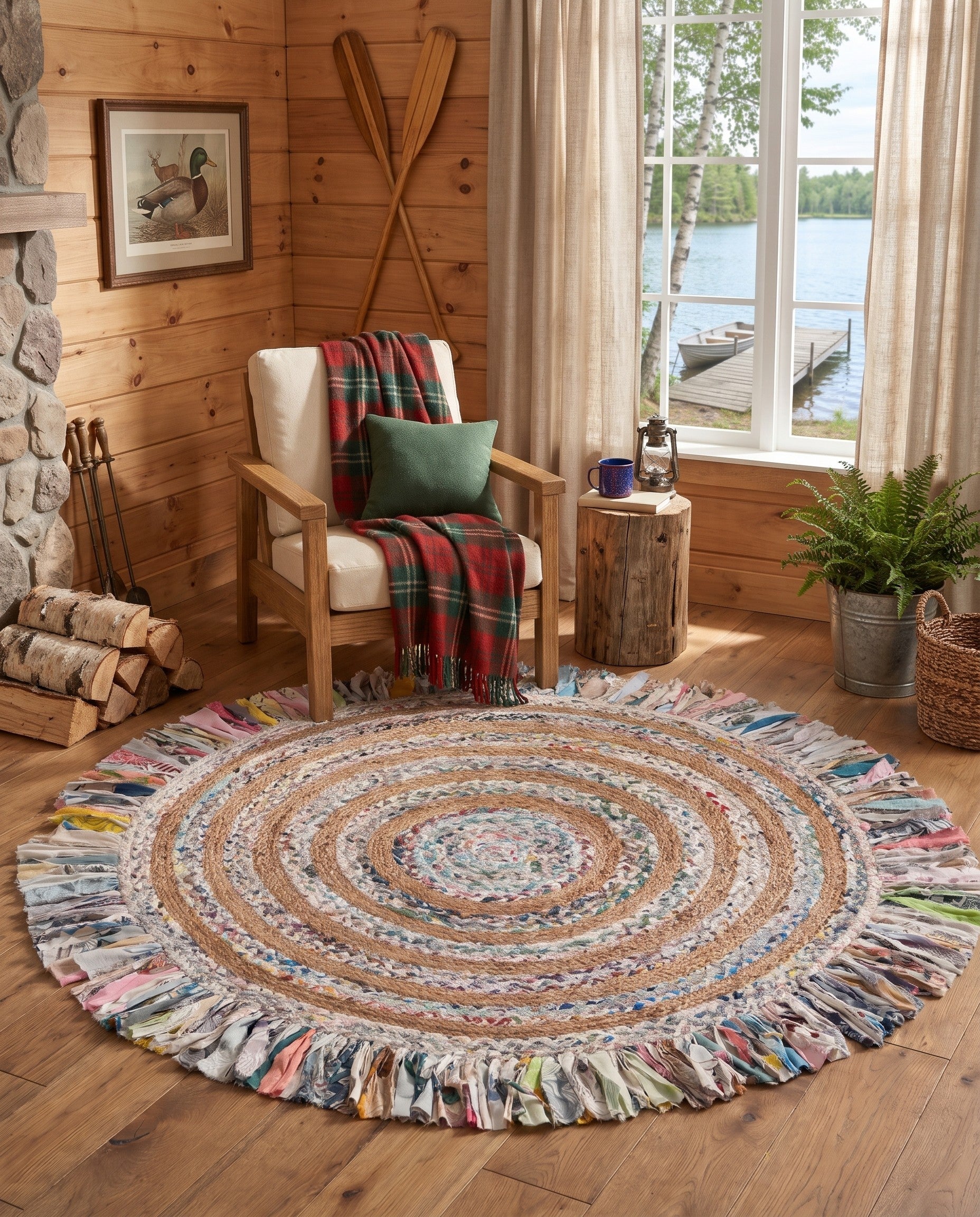 5' 1 x 5' 1 Hand Braided Chindi Jute Round Rug