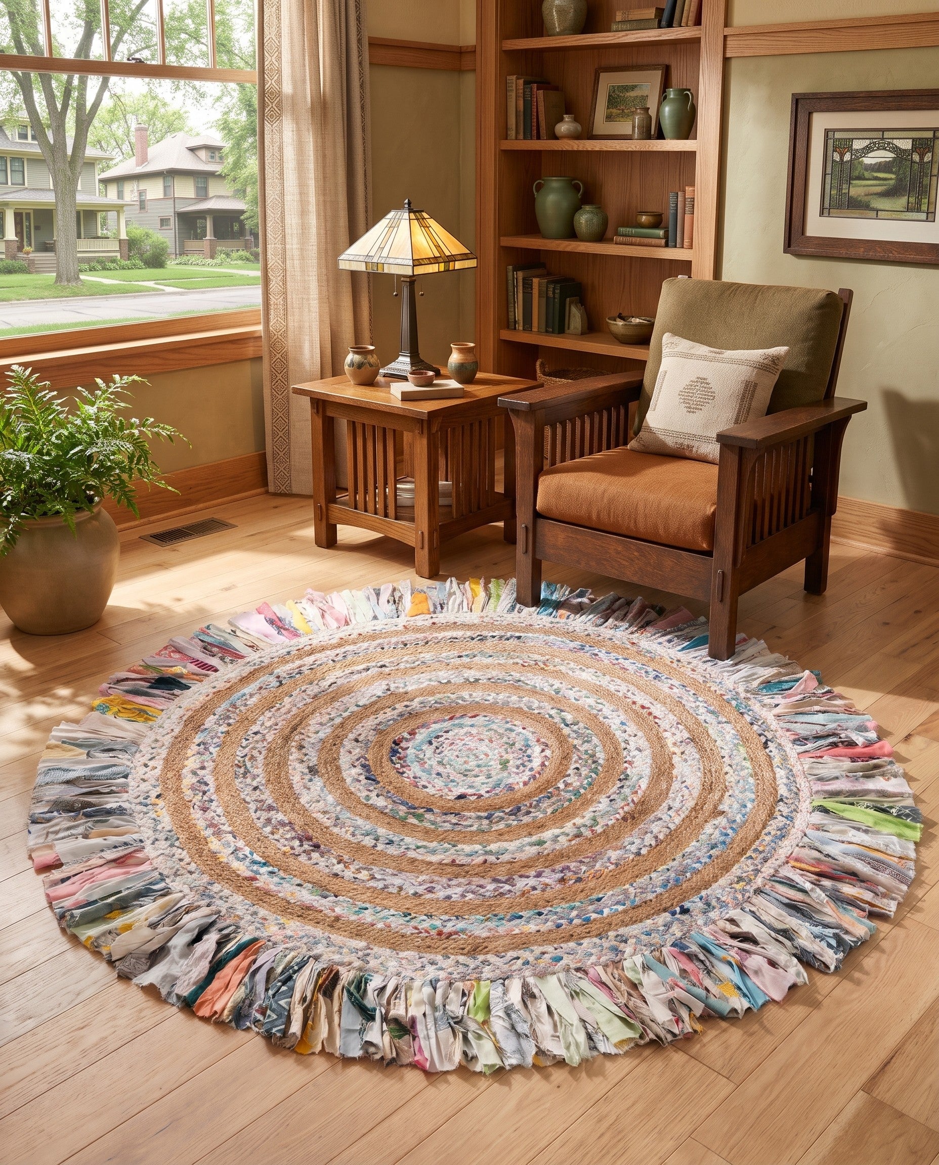 5' 1 x 5' 1 Hand Braided Chindi Jute Round Rug