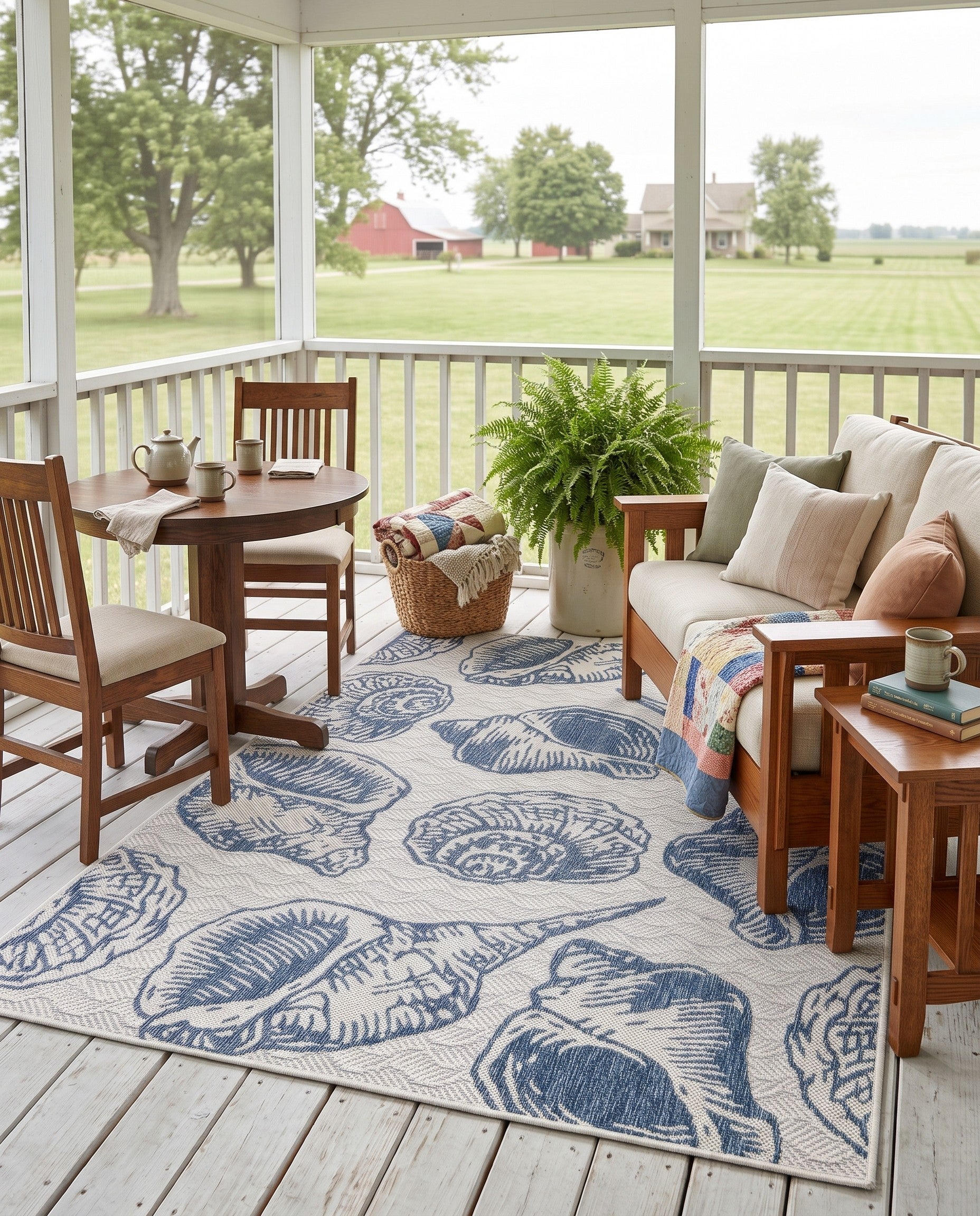 Ivory and Navy Blue Easy-Clean Coastal Indoor / Outdoor Rug