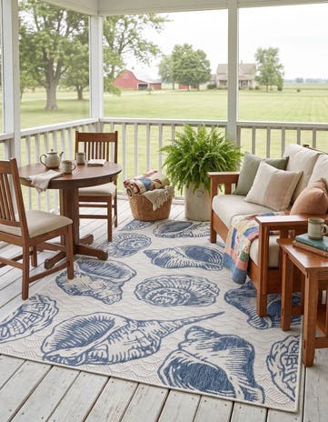Ivory and Navy Blue Easy-Clean Coastal Indoor / Outdoor Rug