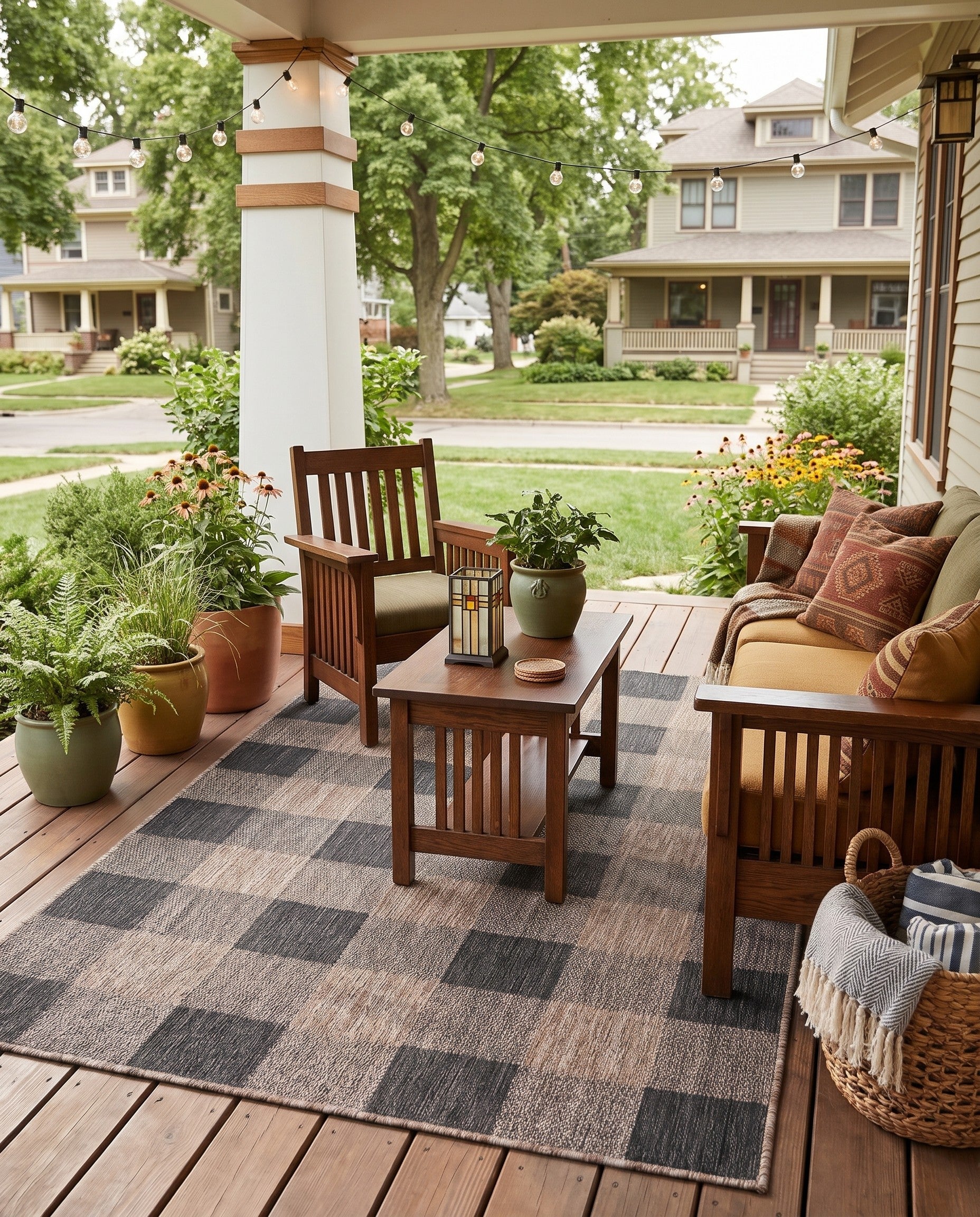 Black and Brown Easy-Clean Checkered Indoor / Outdoor Rug