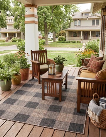 Black and Brown Easy-Clean Checkered Indoor / Outdoor Rug