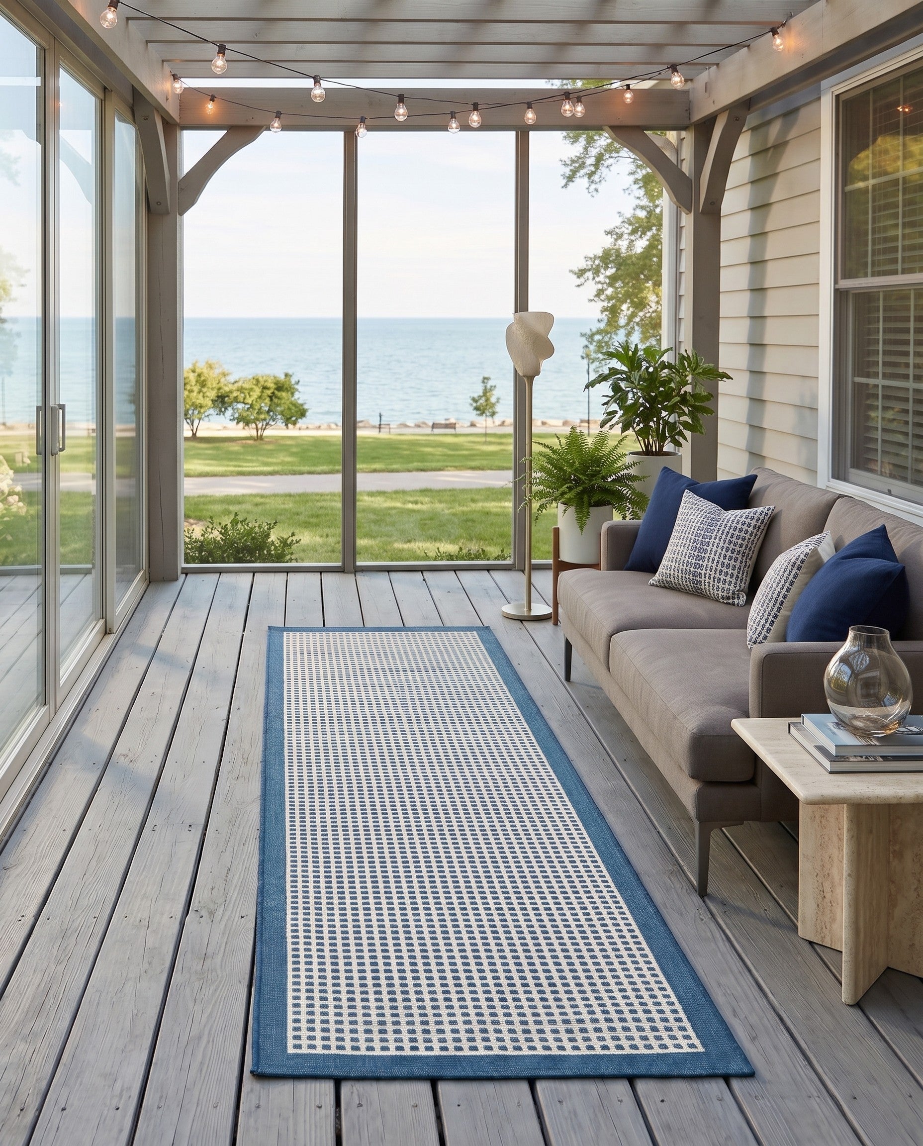 Navy Blue Easy-Clean Border Indoor / Outdoor Runner Rug