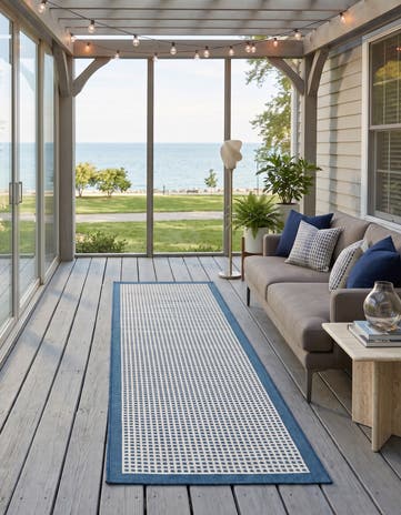 Navy Blue Easy-Clean Border Indoor / Outdoor Runner Rug