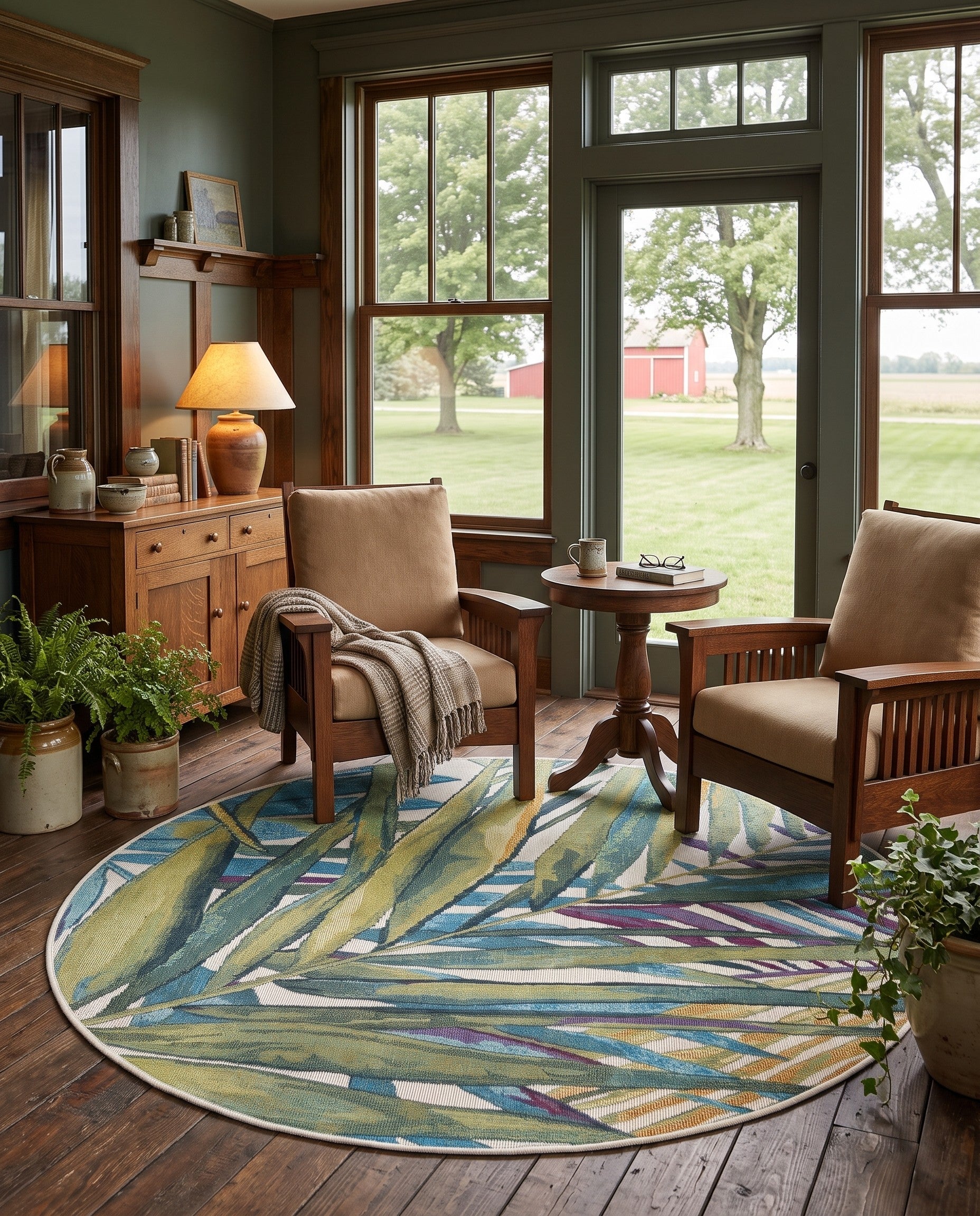 4' x 4' Easy-Clean Botanical Indoor / Outdoor Round Rug