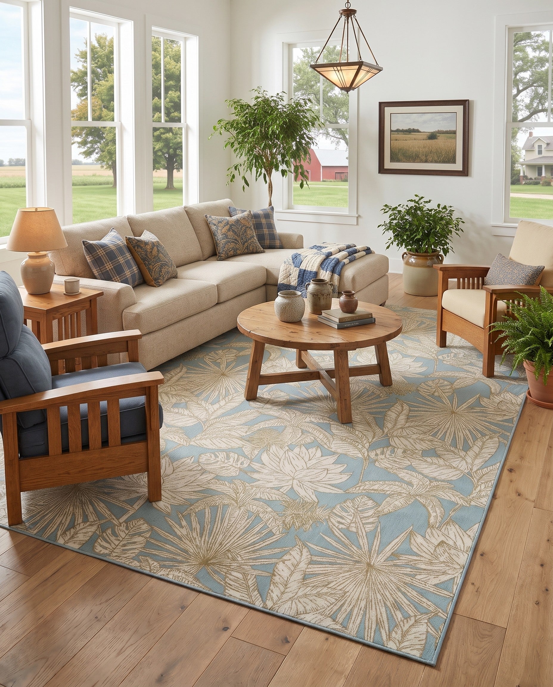 Soft Blue Easy-Clean Botanical Indoor / Outdoor Rug