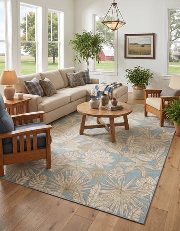 Soft Blue Easy-Clean Botanical Indoor / Outdoor Rug