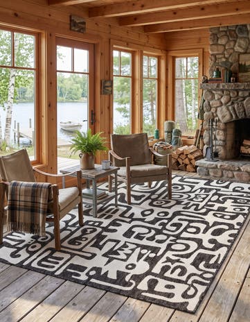 Black and White Easy-Clean Modern Indoor / Outdoor Rug