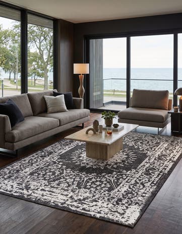 Black and White Easy-Clean Norwood Traditional Indoor / Outdoor Rug