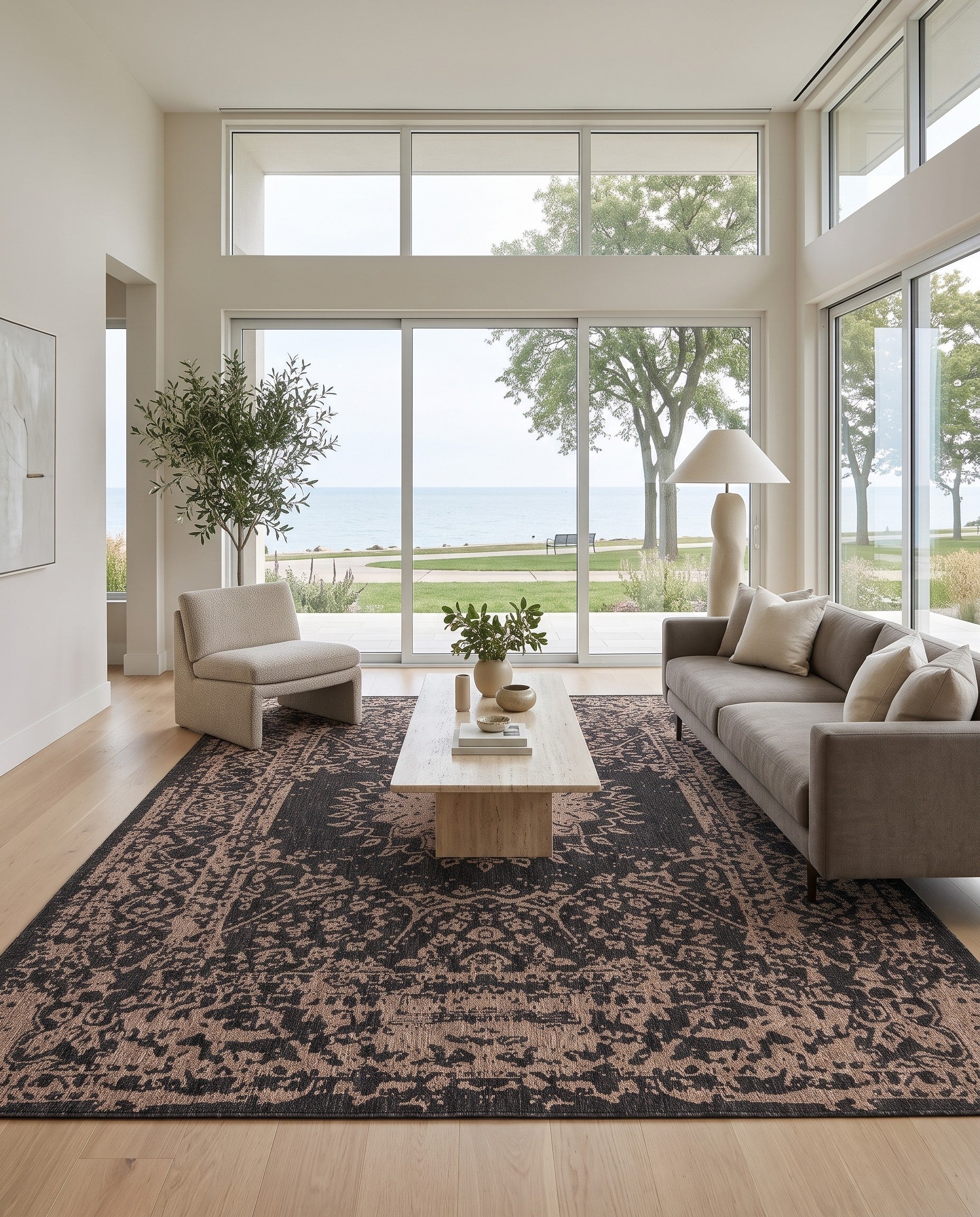 Black Easy-Clean Traditional Indoor / Outdoor Rug