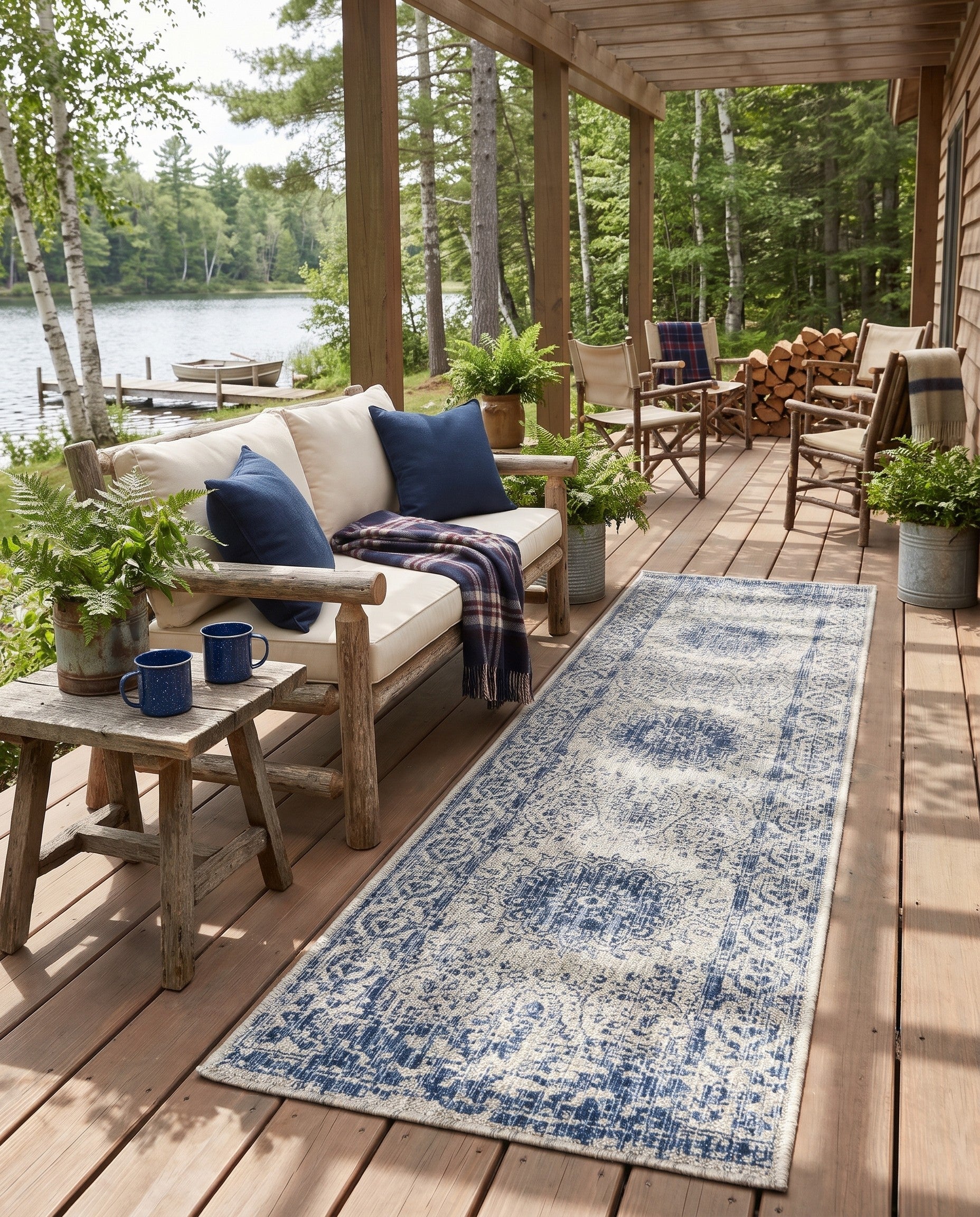 Blue Easy-Clean Traditional Indoor / Outdoor Runner Rug