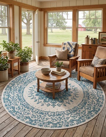 Aqua Blue Easy-Clean Norwood Traditional Indoor / Outdoor Round Rug