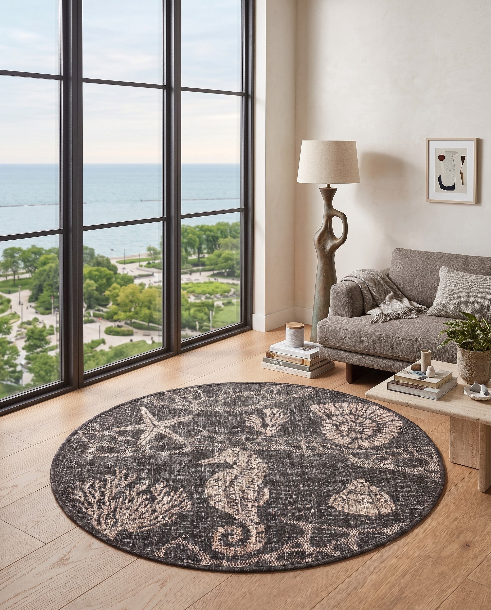 3' x 3' Easy-Clean Coastal Indoor / Outdoor Round Rug