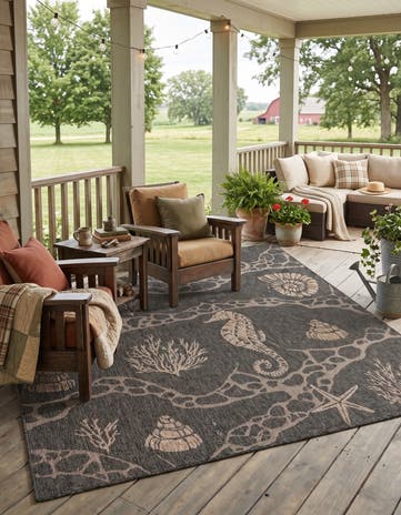 Black Easy-Clean Coastal Indoor / Outdoor Rug