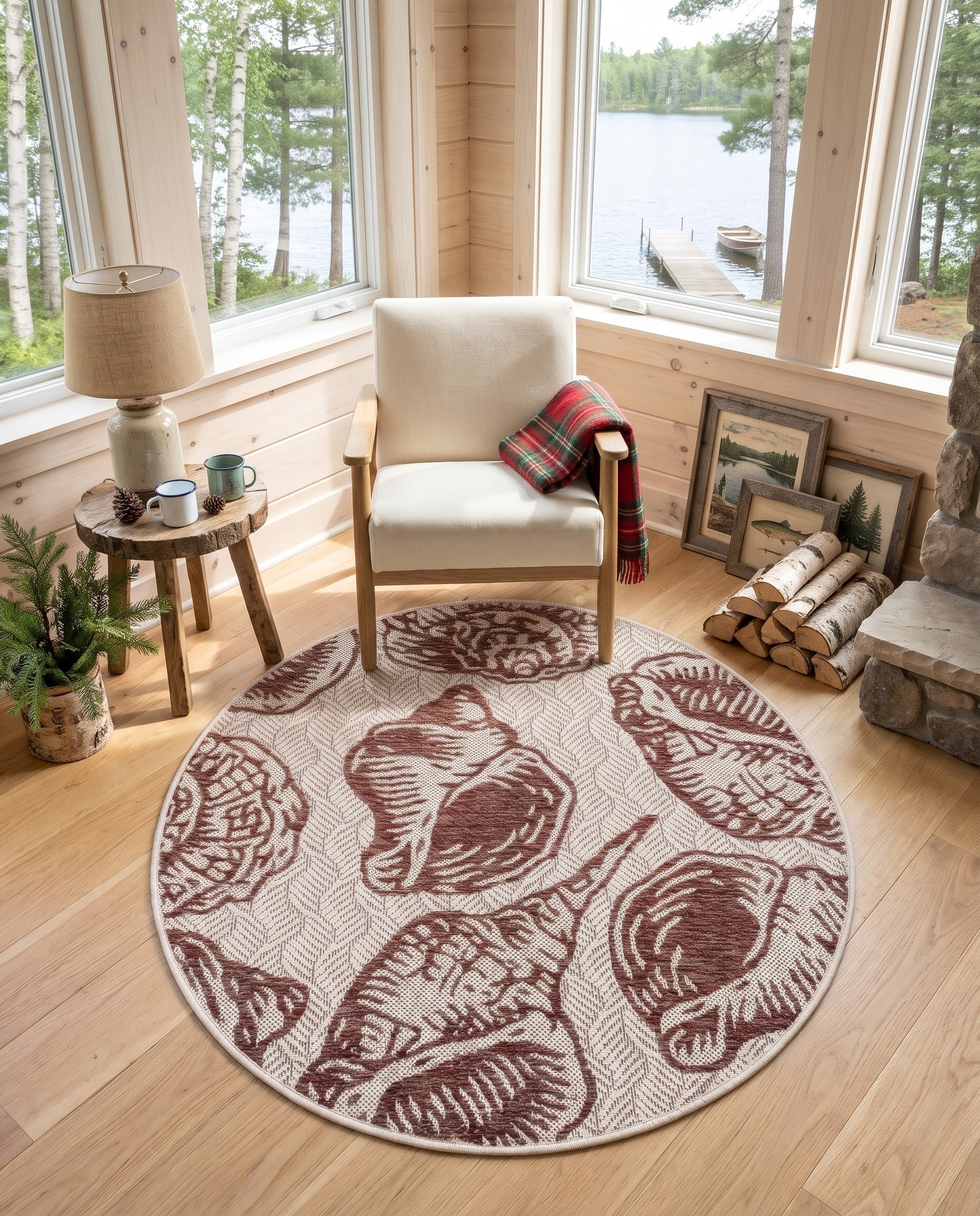 Rust Red and Ivory Easy-Clean Coastal Indoor / Outdoor Round Rug