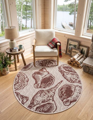 Rust Red and Ivory Easy-Clean Coastal Indoor / Outdoor Round Rug