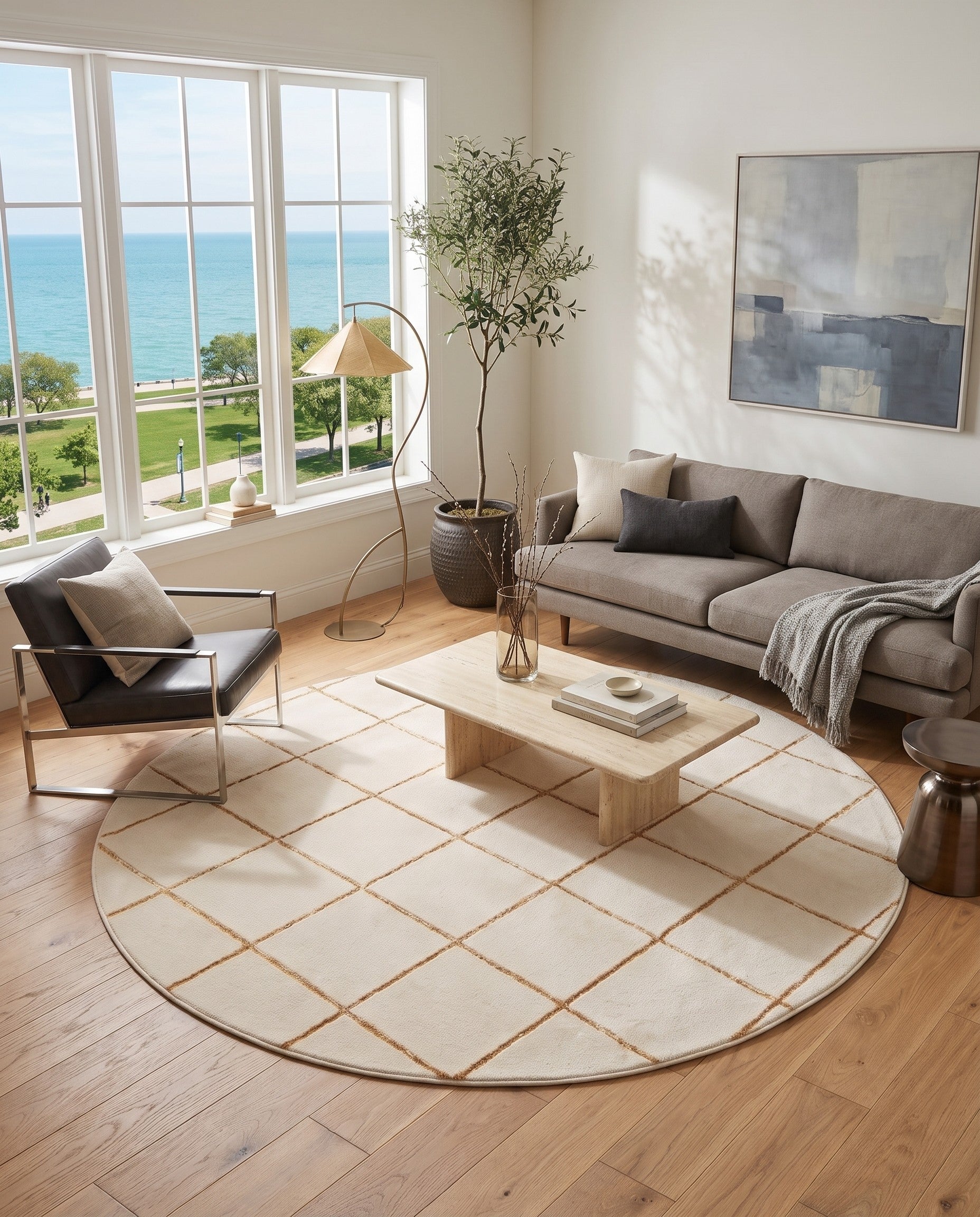 White and Gold Vogue Geo Round Rug
