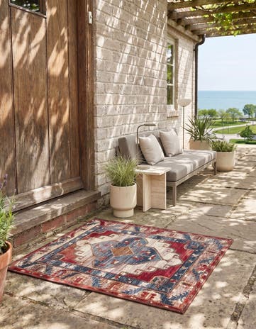 Navy Blue and Red Easy-Clean Traditional Indoor / Outdoor Rug
