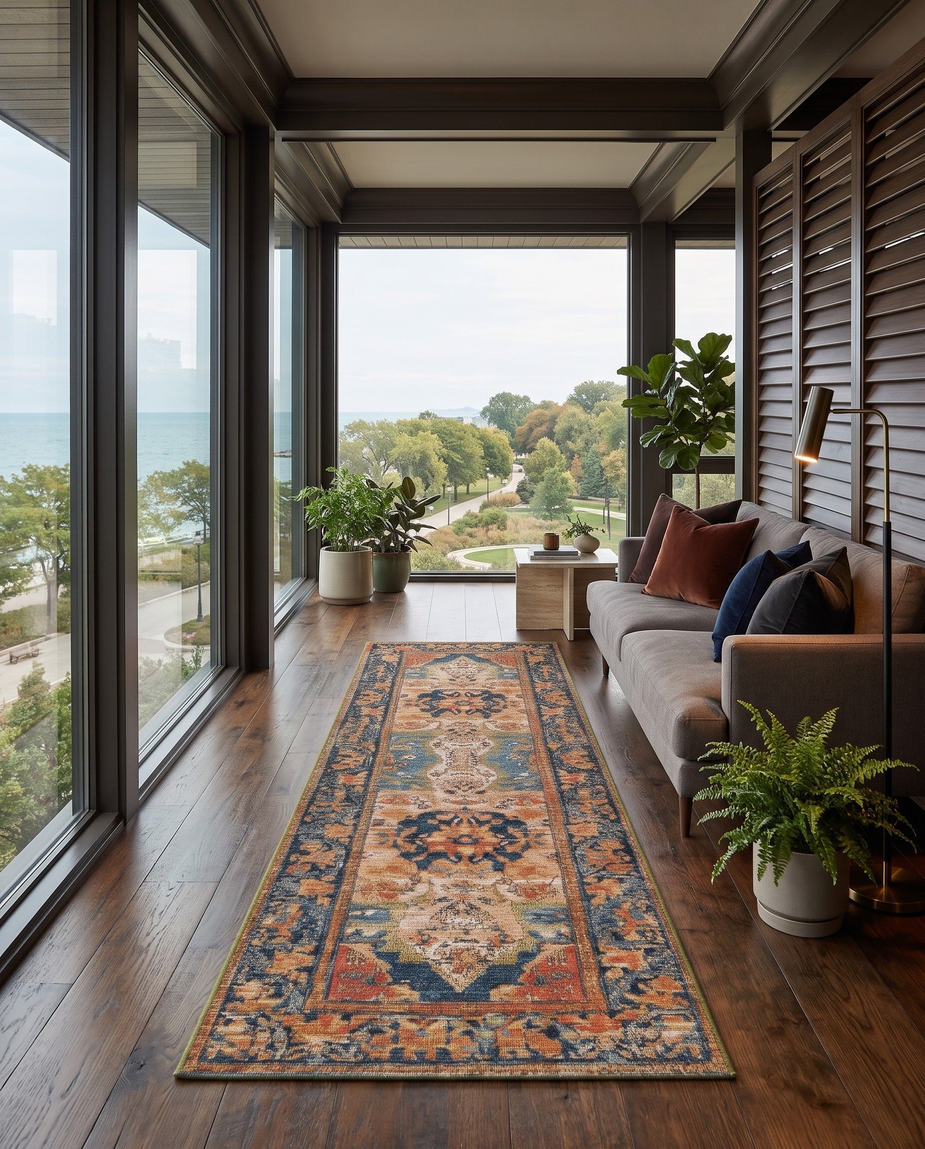 Navy Blue and Rust Red Easy-Clean Traditional Indoor / Outdoor Runner Rug