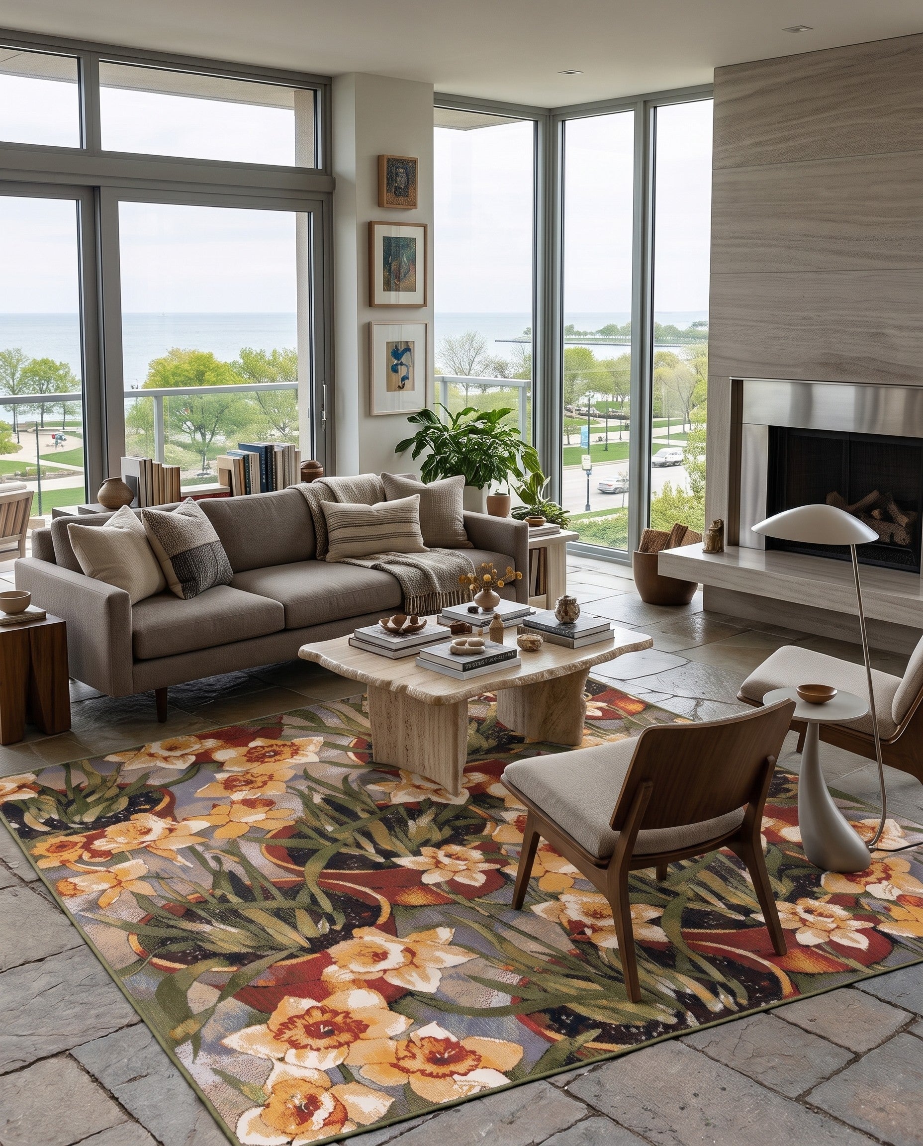 Easy-Clean Botanical Indoor / Outdoor Square Rug