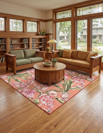 Coral Pink Easy-Clean Botanical Indoor / Outdoor Square Rug