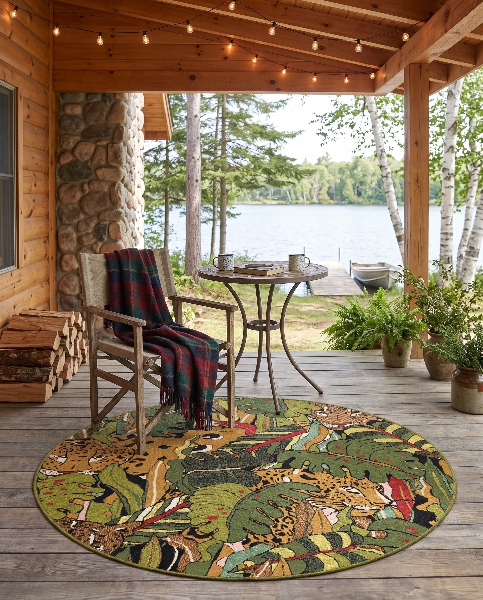 Green Easy-Clean Botanical Indoor / Outdoor Round Rug
