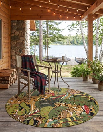 Green Easy-Clean Botanical Indoor / Outdoor Round Rug