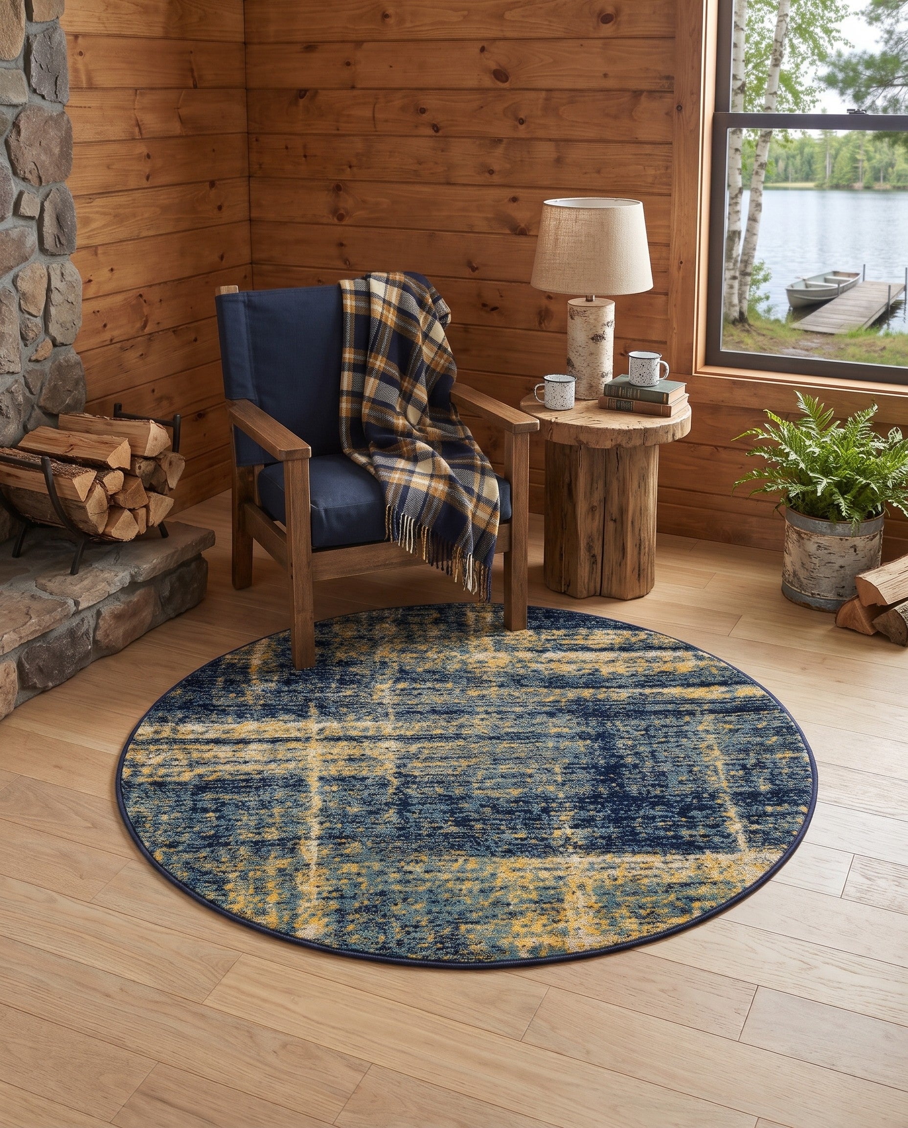 Navy Blue and Yellow Laguna Round Rug