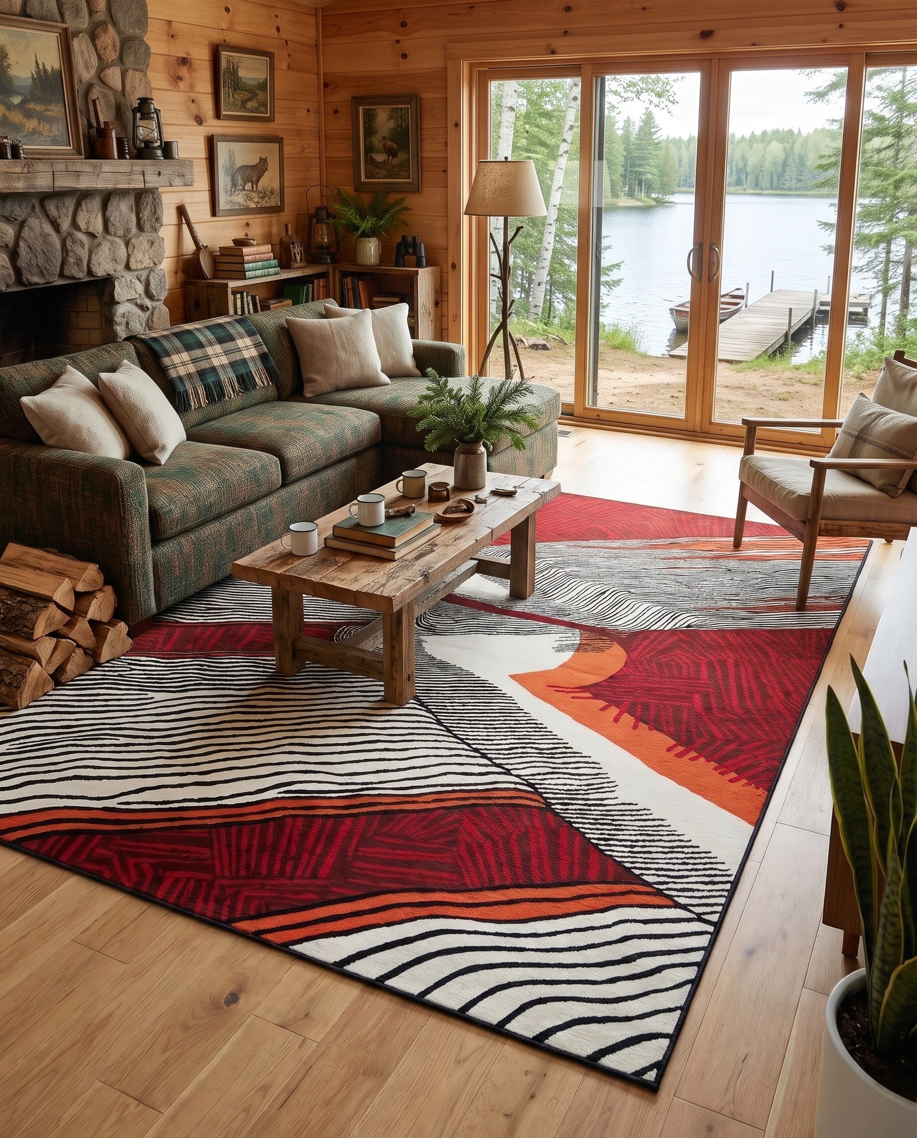 Black and Red Easy-Clean Modern Indoor / Outdoor Rug
