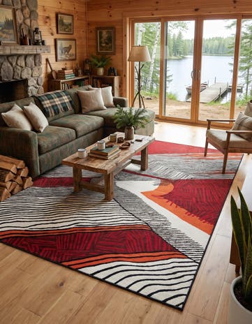 Black and Red Easy-Clean Modern Indoor / Outdoor Rug