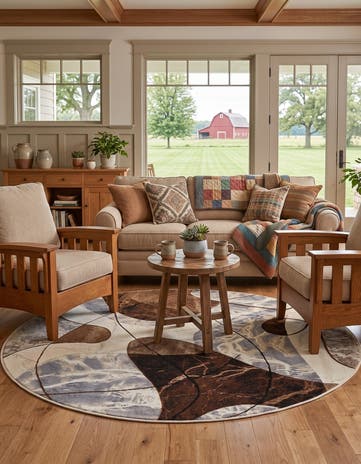 Brown and White Easy-Clean Modern Indoor / Outdoor Round Rug