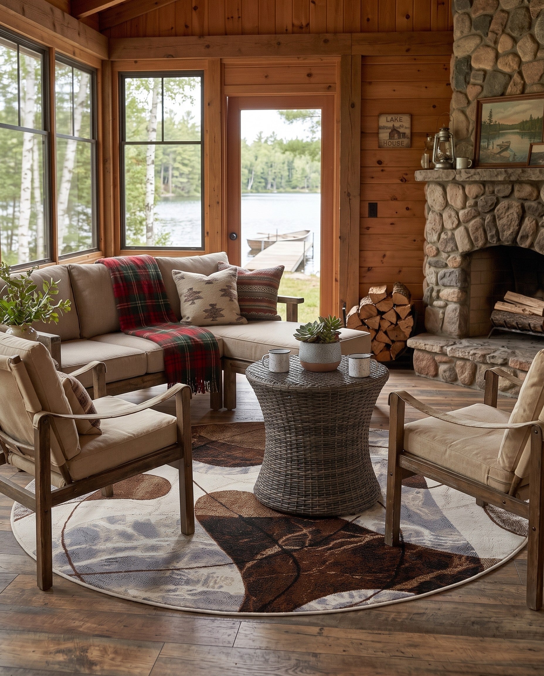 Brown and White Easy-Clean Modern Indoor / Outdoor Round Rug