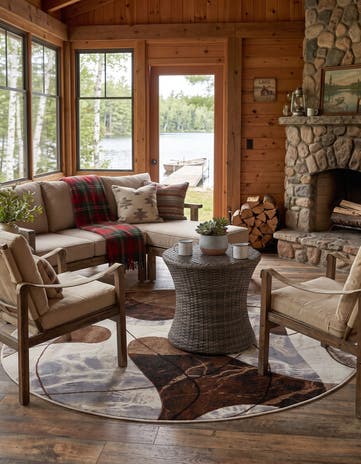 Brown and White Easy-Clean Modern Indoor / Outdoor Round Rug