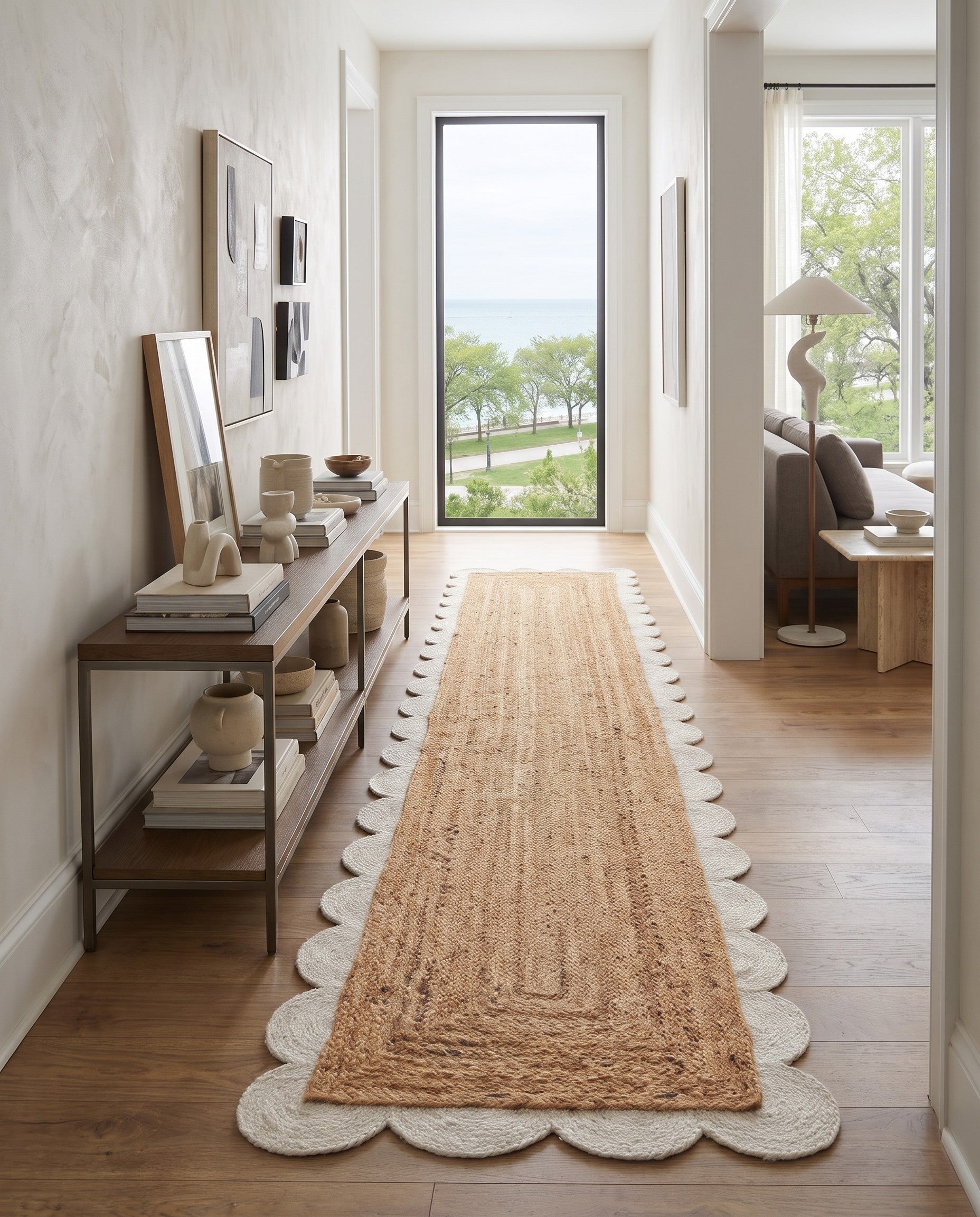 Ivory and Natural Handmade Scallop Braided Jute Runner Rug