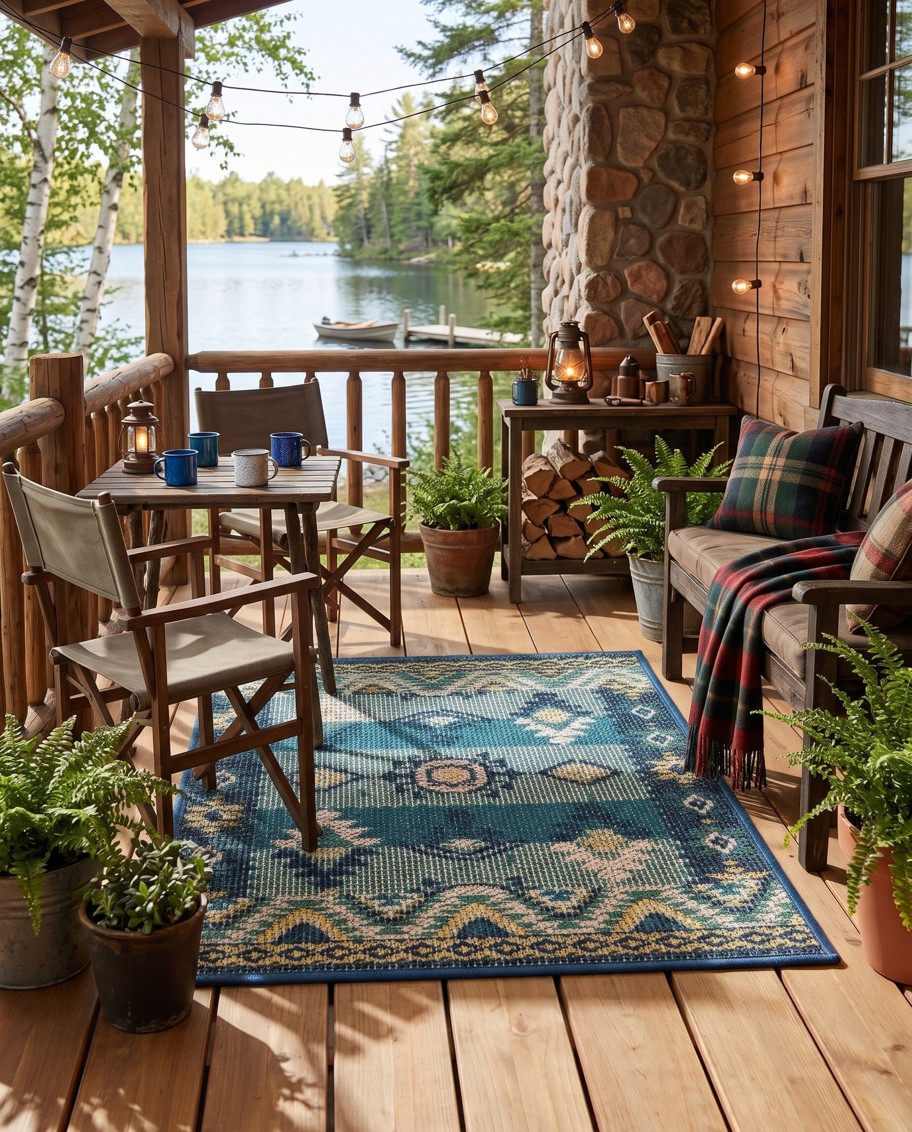 Blue and Green Easy-Clean Baja Indoor / Outdoor Rug